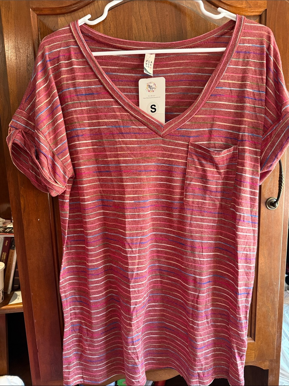 Women's V-Neck Short Sleeve Pocket Tee - Raspberry Stripe